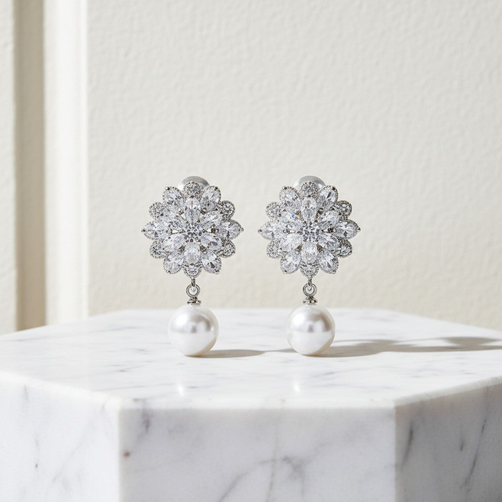 CUBIC ZIRCONIA COLLECTION - PEARL DROP  CLIP ON EARRINGS - CZER695 SILVER