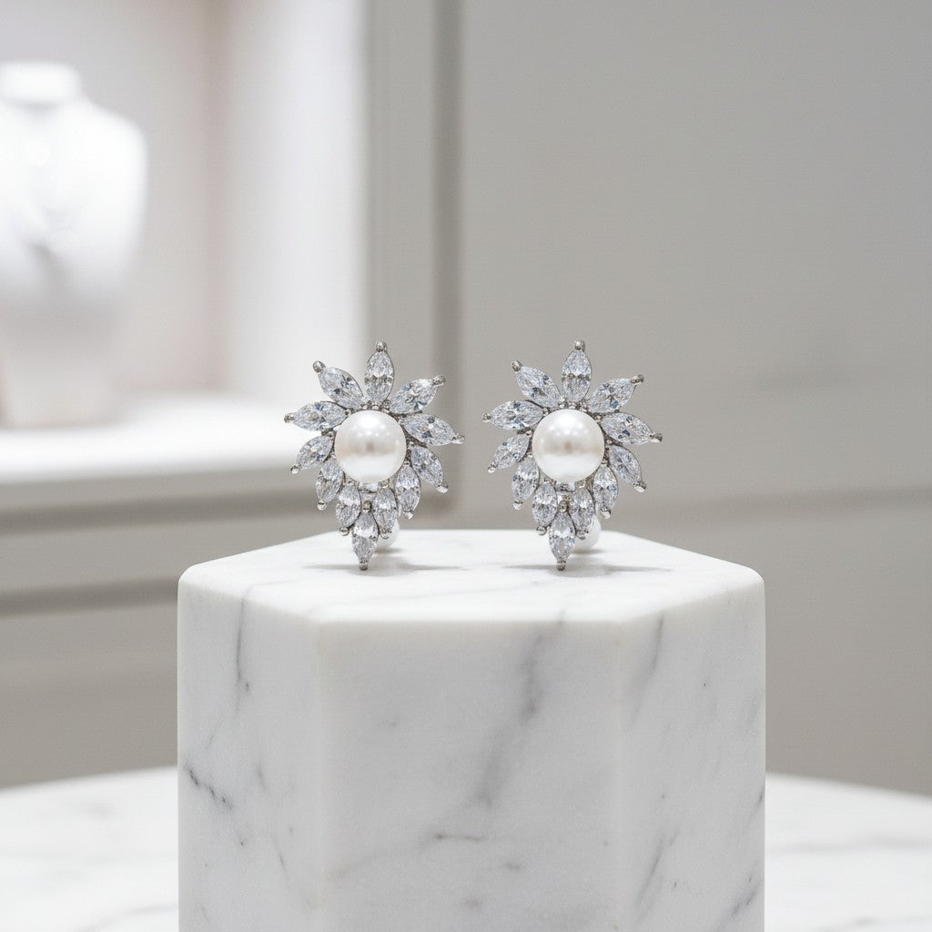 CUBIC ZIRCONIA COLLECTION - DAINTY PEARL CLIP ON EARRINGS - CZER696 SILVER