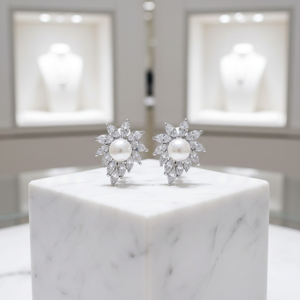 CUBIC ZIRCONIA COLLECTION - DAINTY PEARL CLIP ON EARRINGS - CZER696 SILVER