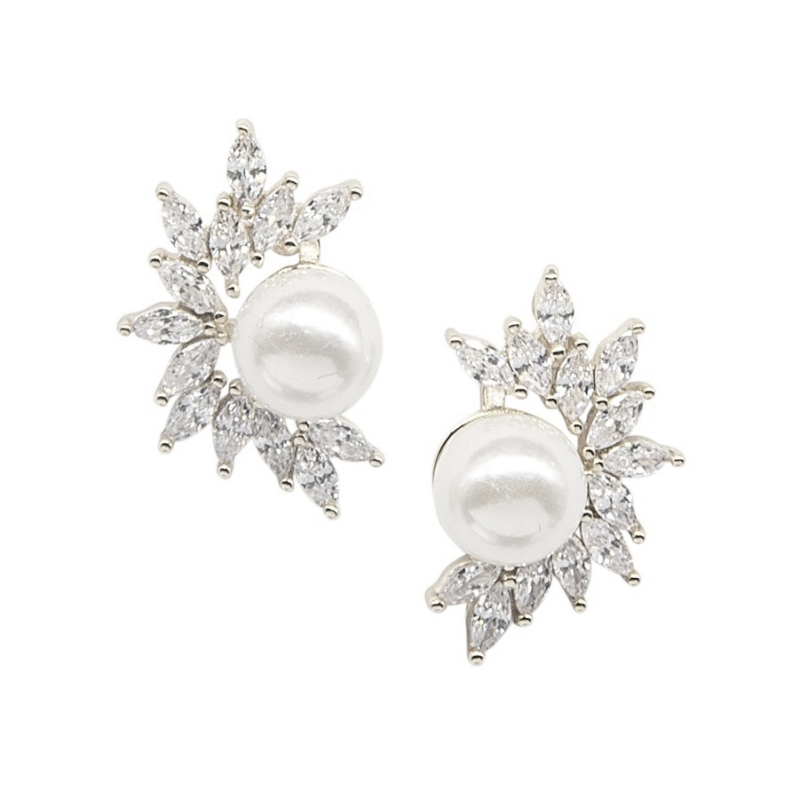 CUBIC ZIRCONIA COLLECTION - PEARL STUD EARRING COLLECTION - SILVER