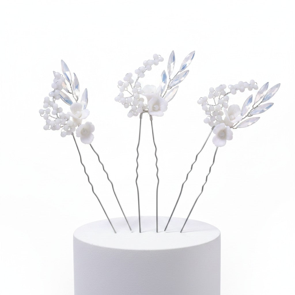 ATHENA COLLECTION - SHIMMER FLORAL HAIR PINS - PIN72 SILVER