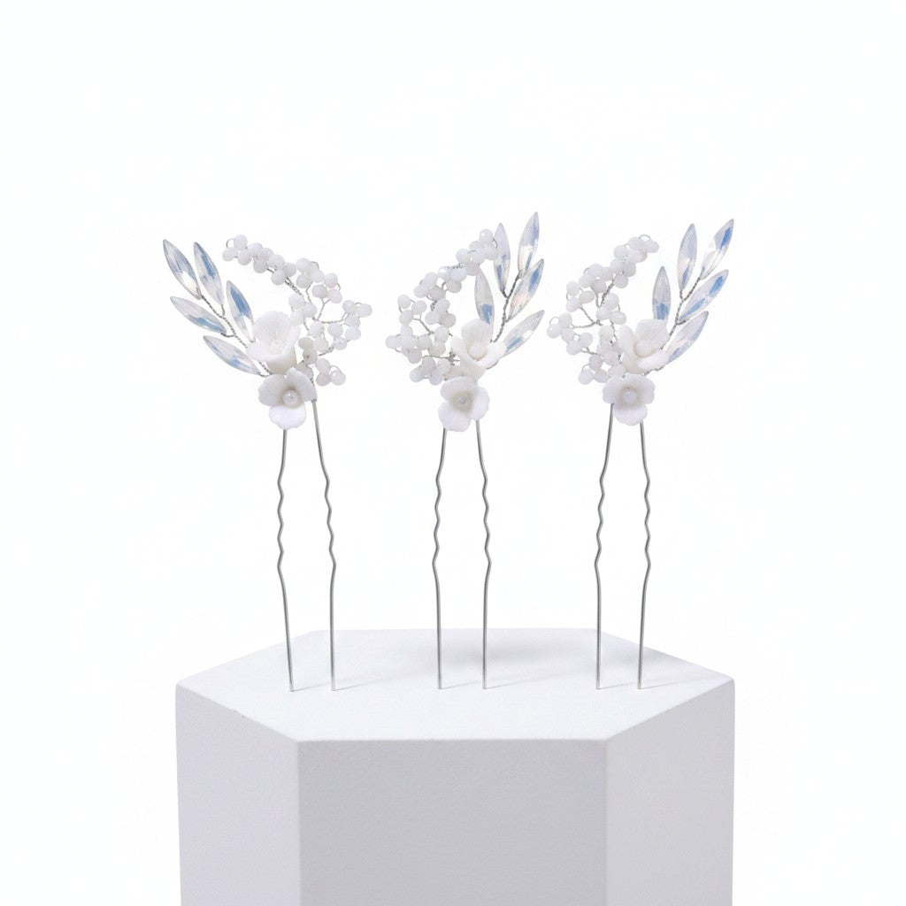 ATHENA COLLECTION - SHIMMER FLORAL HAIR PINS - PIN72 SILVER