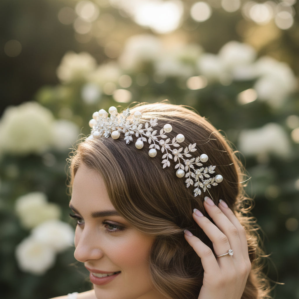 CUBIC ZIRCONIA COLLECTION - PEARL LUXE HEADPIECE - AHB161 SILVER