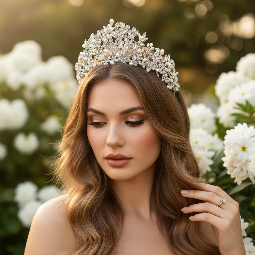 ATHENA COLLECTION - LUXE FRESHWATER PEARL TIARA - AHB162 SILVER