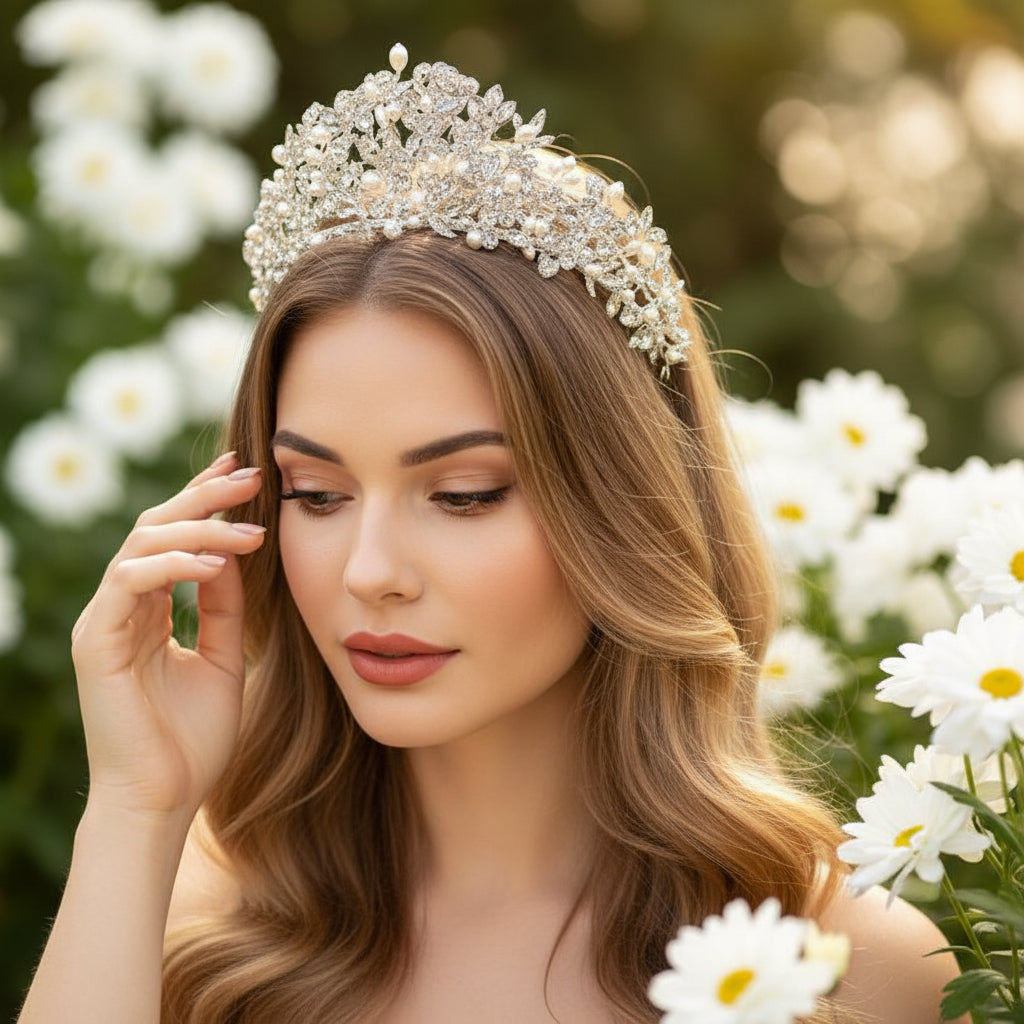 ATHENA COLLECTION - LUXE FRESHWATER PEARL TIARA - AHB162 SILVER