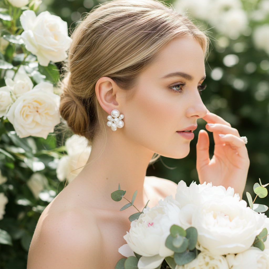CUBIC ZIRCONIA COLLECTION - PEARL CLUSTER EARRINGS  -  CZER713 GOLD