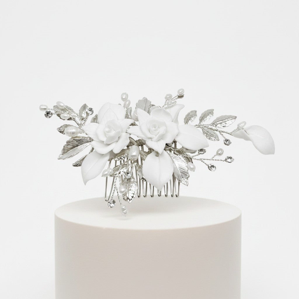 ATHENA COLLECTION - FRESHWATER PEARL HAIR COMB - HC270 SILVER