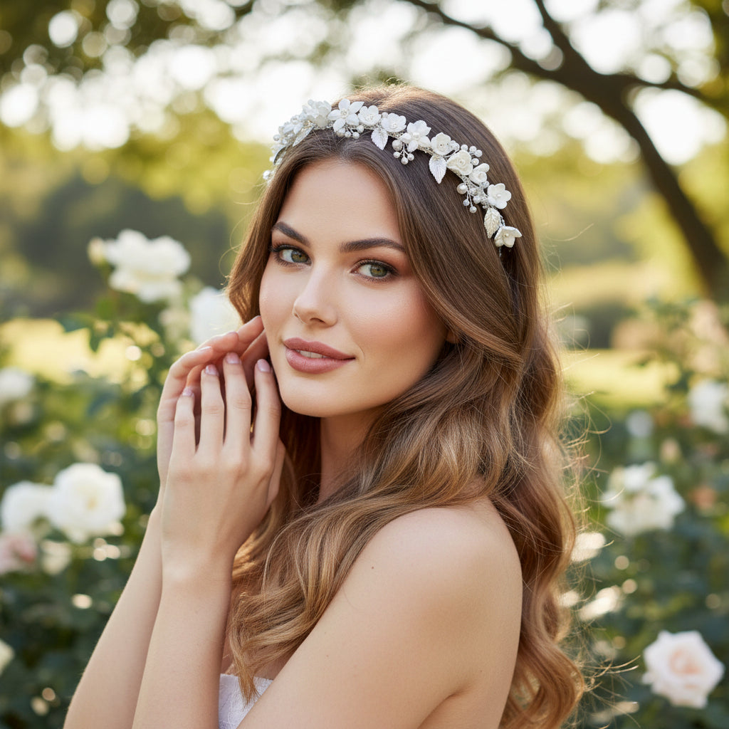 ATHENA COLLECTION - FLORAL VINE HEADBAND - AHB171 SILVER