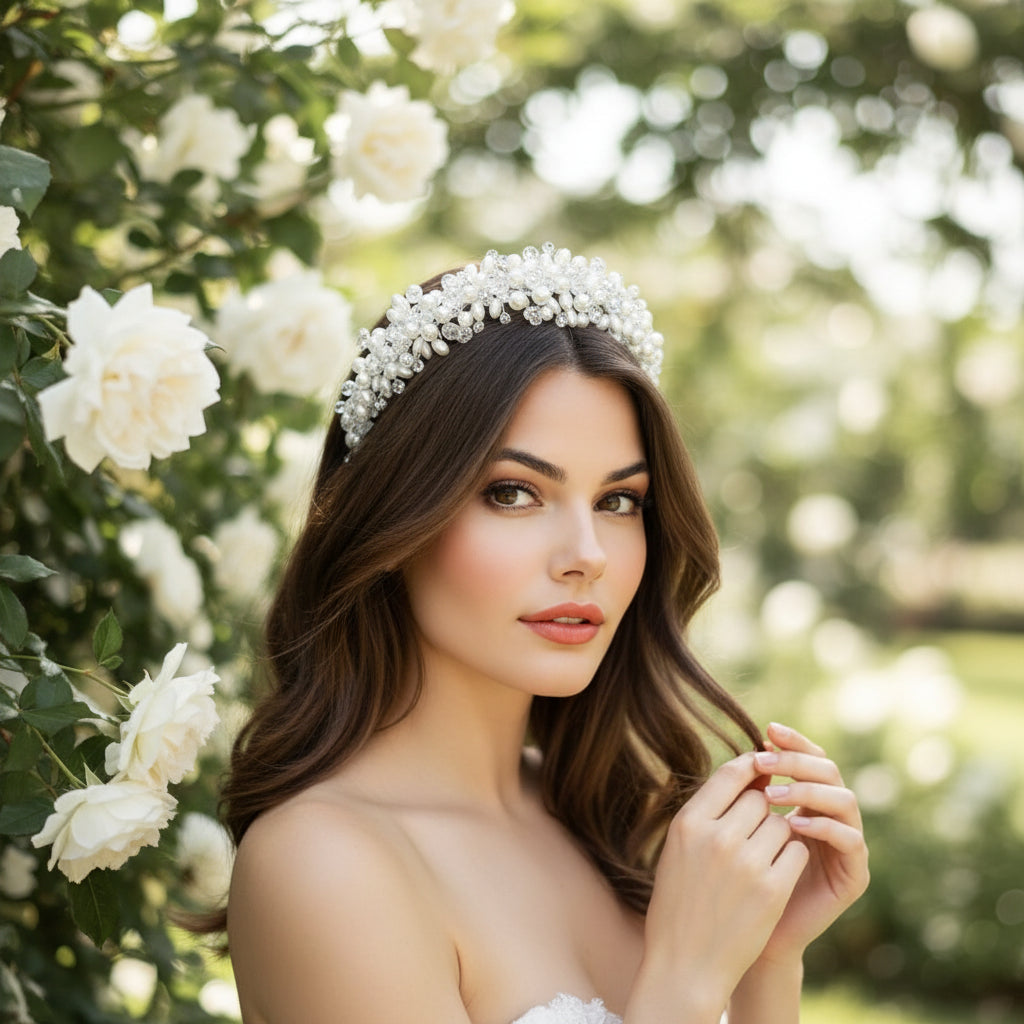 ATHENA COLLECTION - LUSH PEARL HEADBAND - AHB172 SILVER