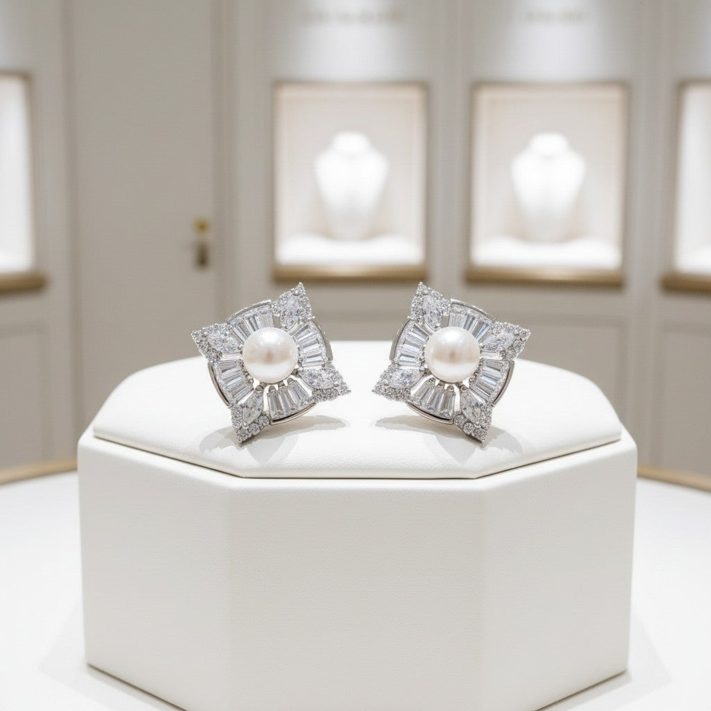 CUBIC ZIRCONIA COLLECTION - ART DECO STYLE EARRINGS - CZER729 SILVER