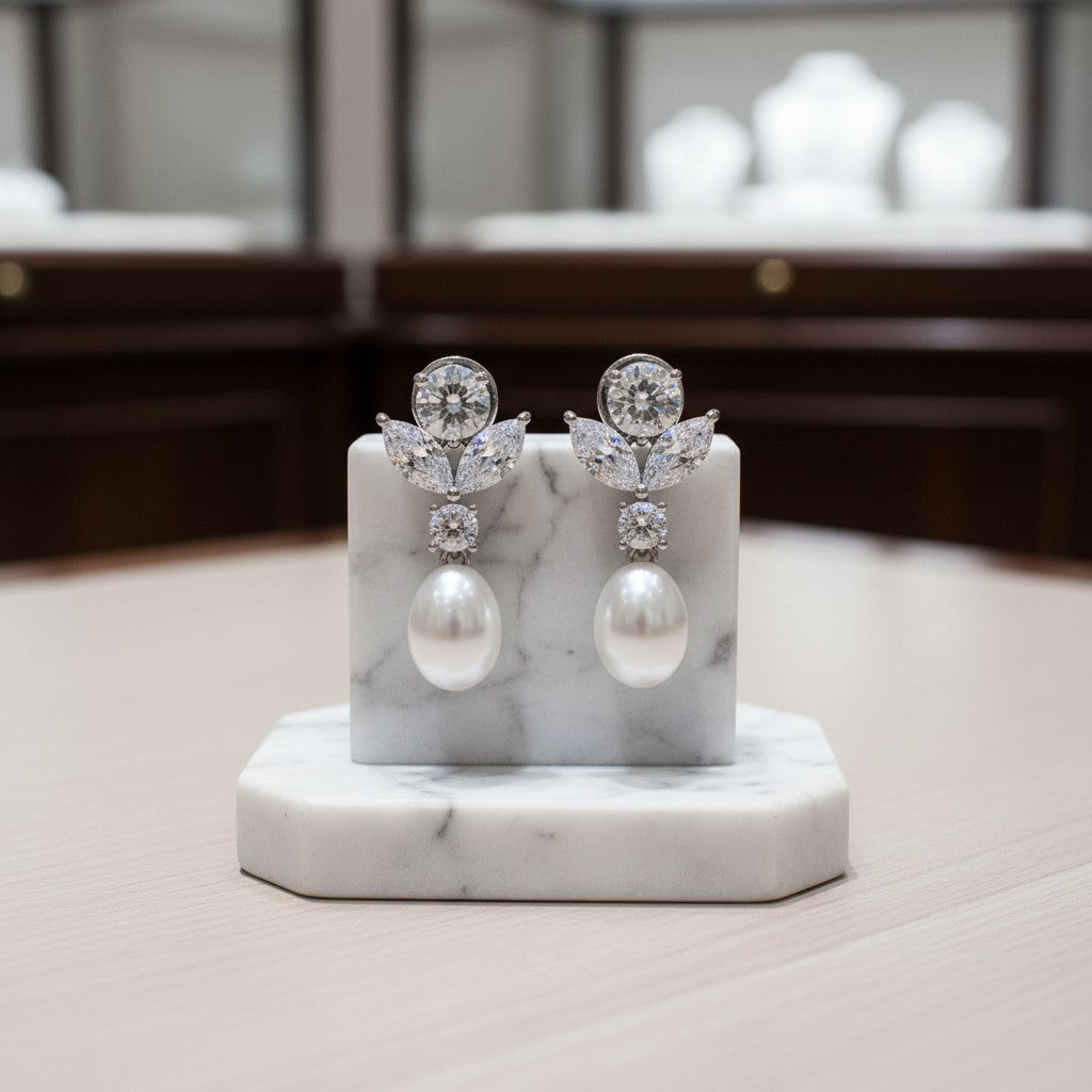 CUBIC ZIRCONIA COLLECTION - PEARL GEM EARRINGS -CZER734 SILVER