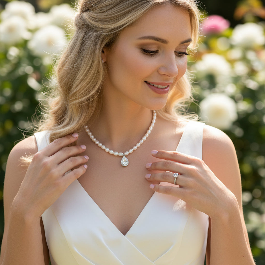 CUBIC ZIRCONIA COLLECTION - PEARL ELEGANCE NECKLACE - CZNK191 gold