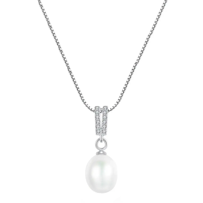 CUBIC ZIRCONIA COLLECTION - FRESHWATER PEARL NECKLACE - CZNK195 SILVER