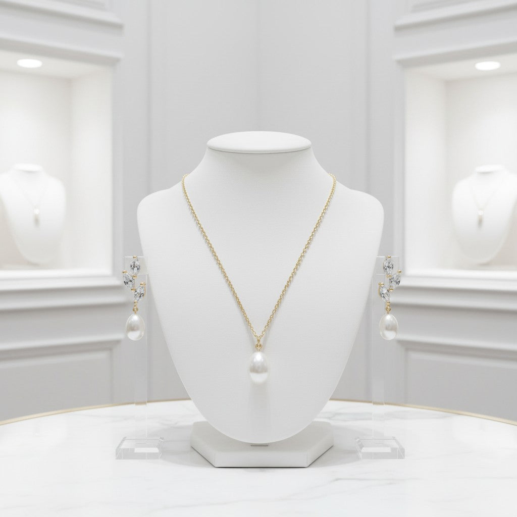 CUBIC ZIRCONIA COLLECTION -PRECIOUS PEARL NECKLACE SET - CZNK197 GOLD
