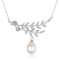 CUBIC ZIRCONIA COLLECTION - VINTAGE INSPIRED NATURAL PEARL NECKLACE - CZNK198 SILVER