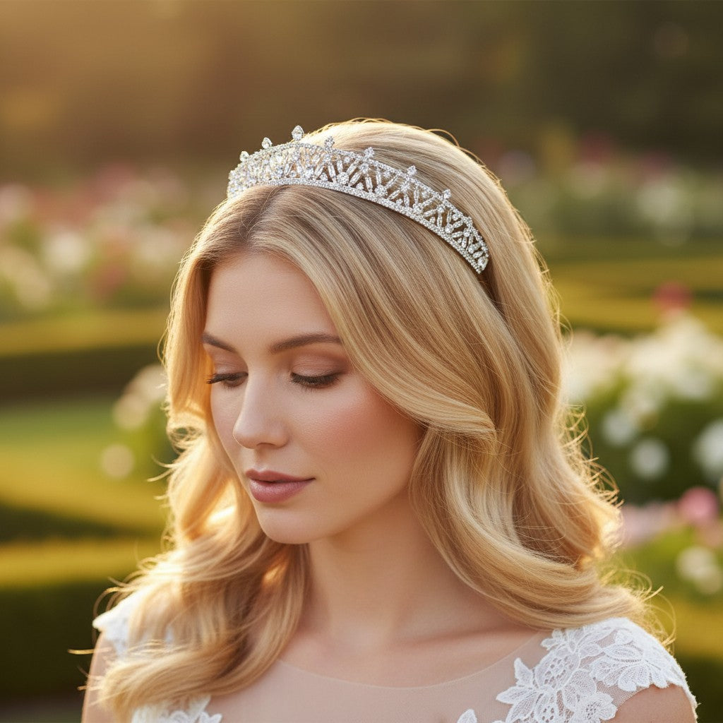 CUBIC ZIRCONIA COLLECTION - REGAL STARLET TIARA  - AHB179 SILVER