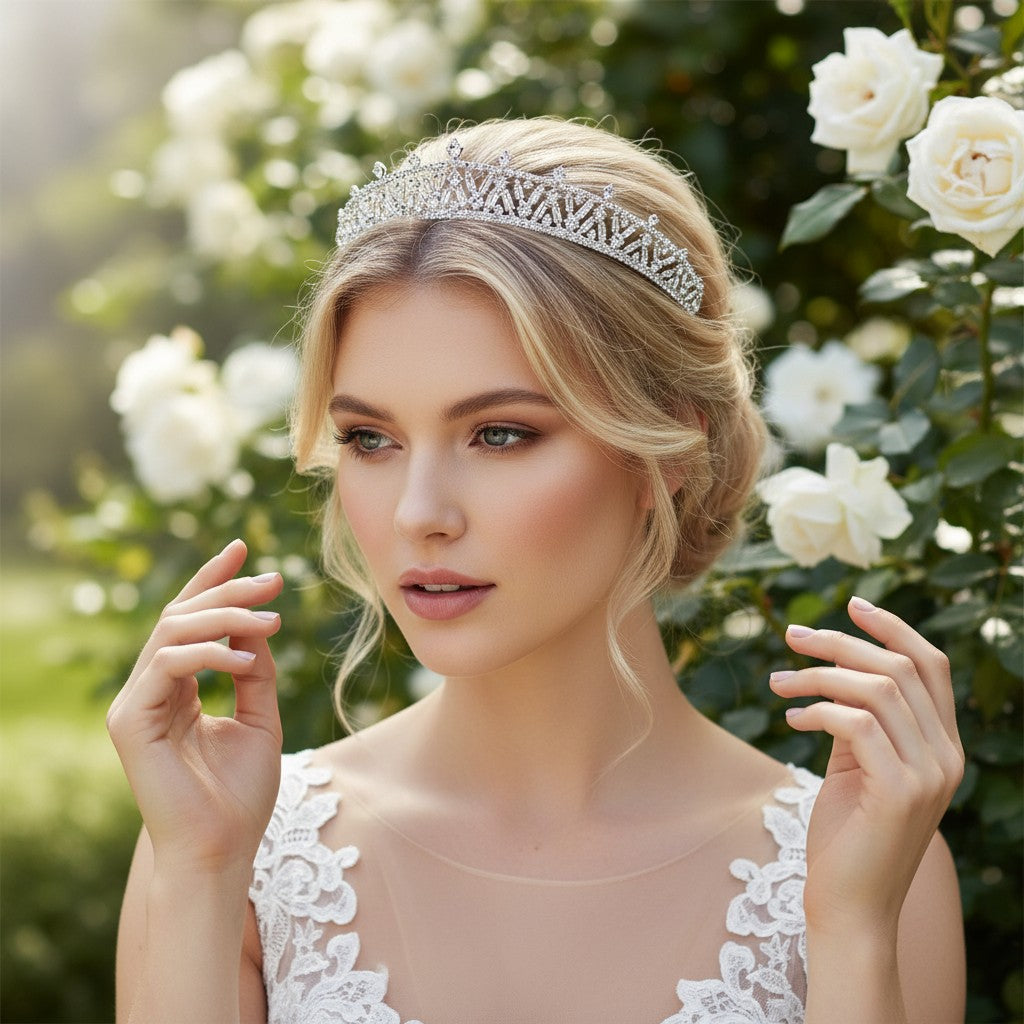 CUBIC ZIRCONIA COLLECTION - REGAL STARLET TIARA  - AHB179 SILVER