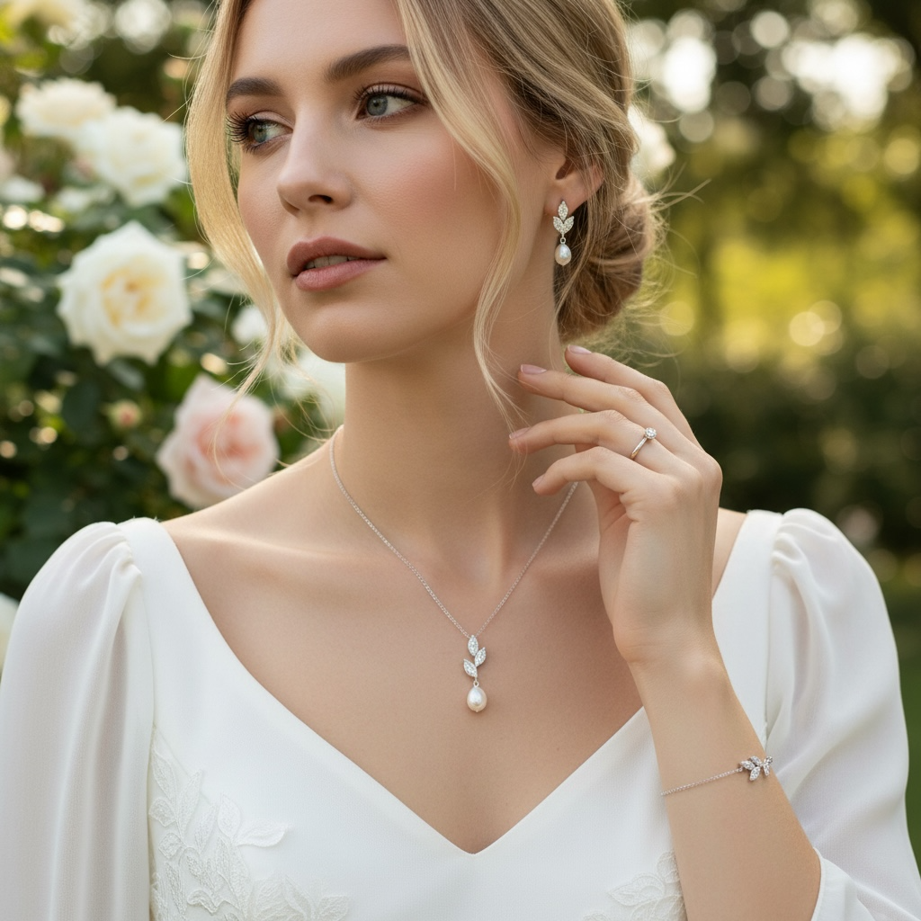 CUBIC ZIRCONIA COLLECTION -SPARKLE PEARL NECKLACE SET - CZNK203 SILVER