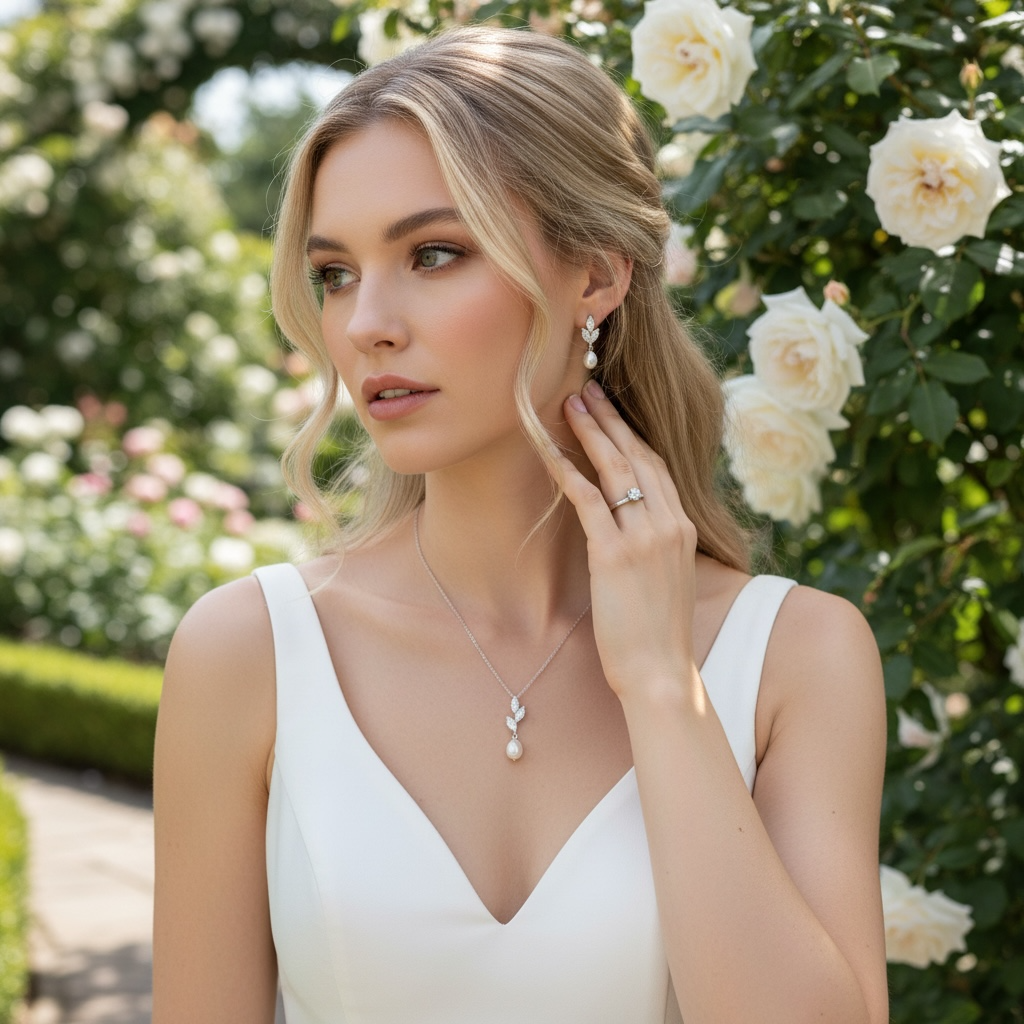 CUBIC ZIRCONIA COLLECTION -SPARKLE PEARL NECKLACE SET - CZNK203 SILVER