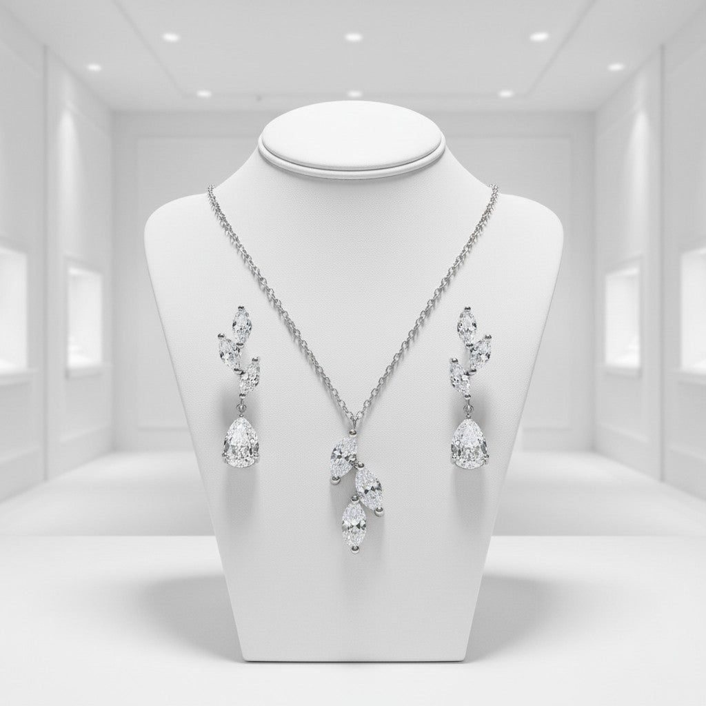 CUBIC ZIRCONIA COLLECTION - DAINTY ELEGANCE NECKLACE SET- CZNK204 SILVER