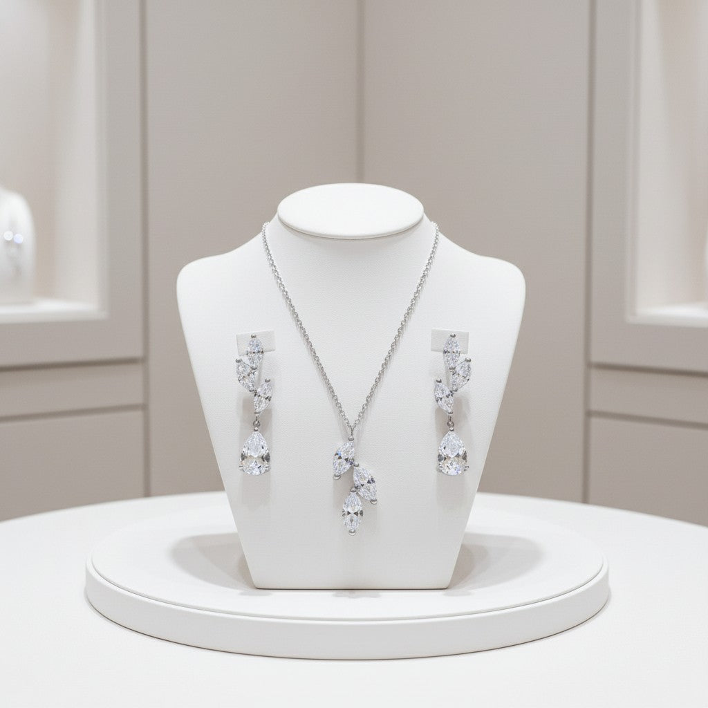 CUBIC ZIRCONIA COLLECTION - DAINTY ELEGANCE NECKLACE SET- CZNK204 SILVER