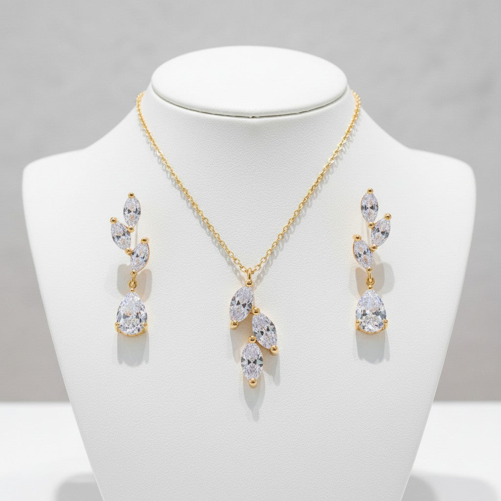 CUBIC ZIRCONIA COLLECTION - DAINTY ELEGANCE NECKLACE SET- CZNK204 GOLD