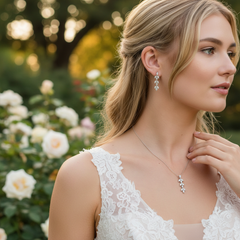 CUBIC ZIRCONIA COLLECTION - DAINTY DROP SPARKLE NECKLACE SET- CZNK205 SILVER