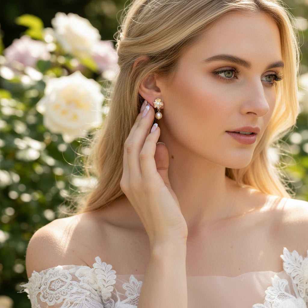 CUBIC ZIRCONIA COLLECTION - VINTAGE FLOWER EARRINGS - CZER756 GOLD