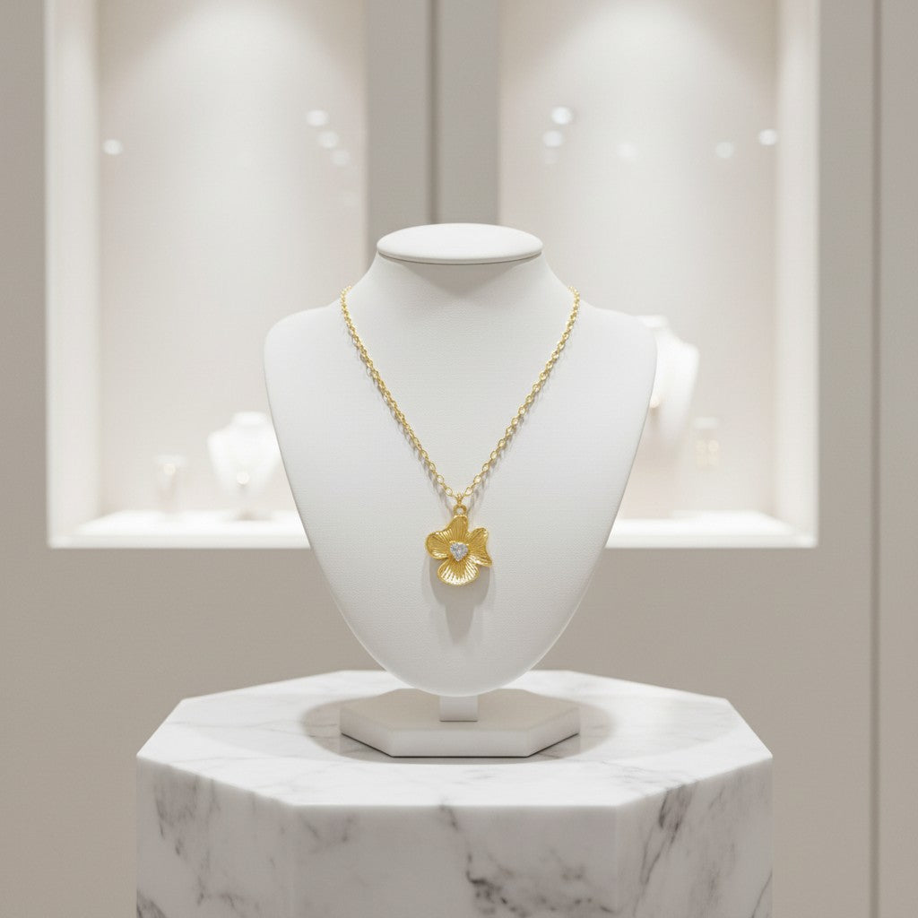 CUBIC ZIRCONIA COLLECTION - VINTAGE FLOWER NECKLACE- CZNK206 GOLD