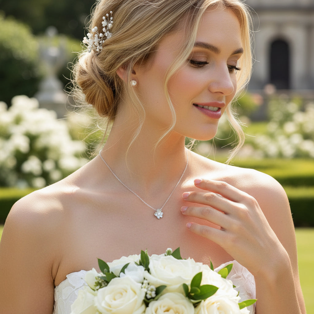 CUBIC ZIRCONIA COLLECTION - VINTAGE FLOWER NECKLACE- CZNK206 SILVER