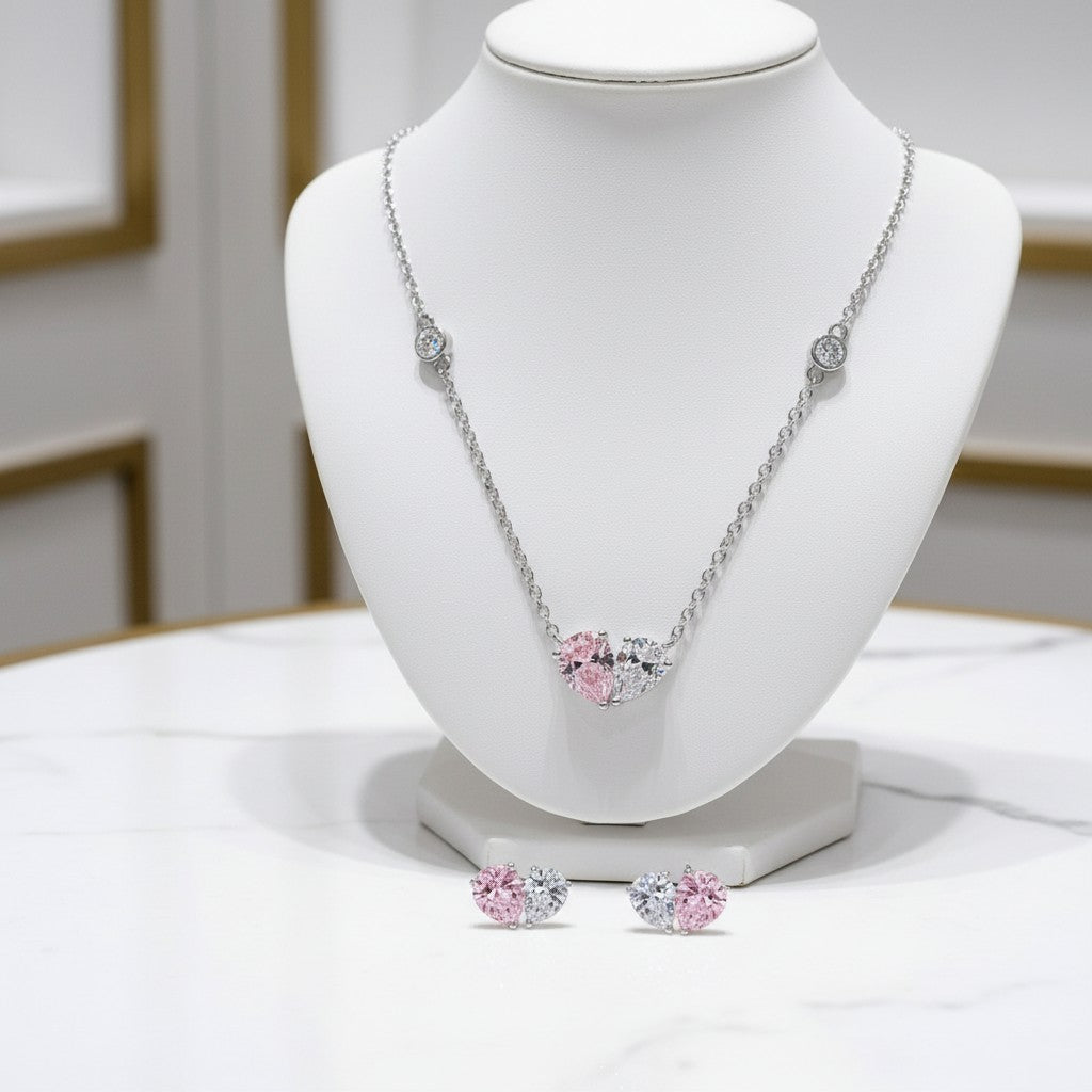 CUBIC ZIRCONIA COLLECTION - PINK HEART NECKLACE SET - CZNK208