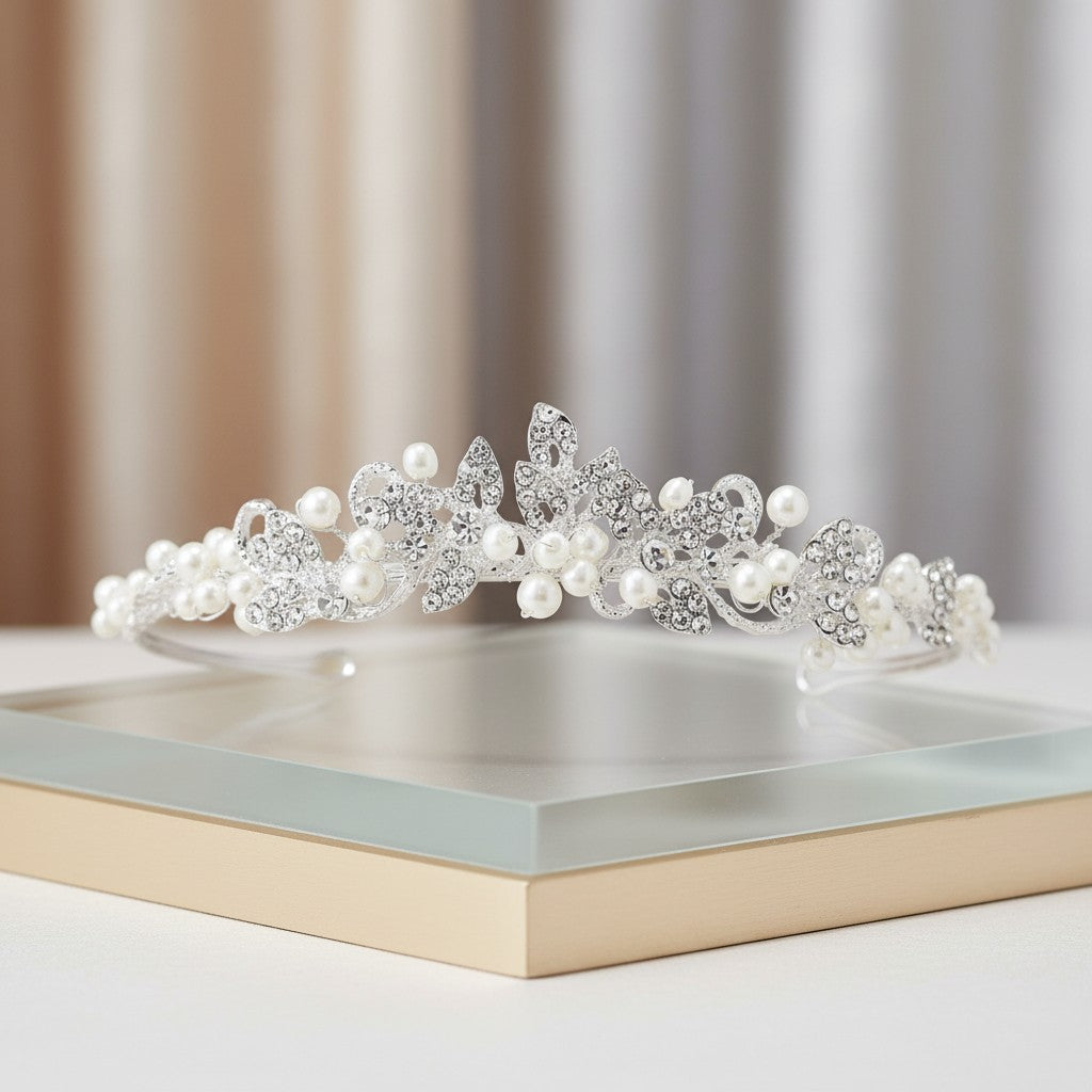 ATHENA COLLECTION - EXQUISITE PEARL TIARA SET - IVORY AHB180