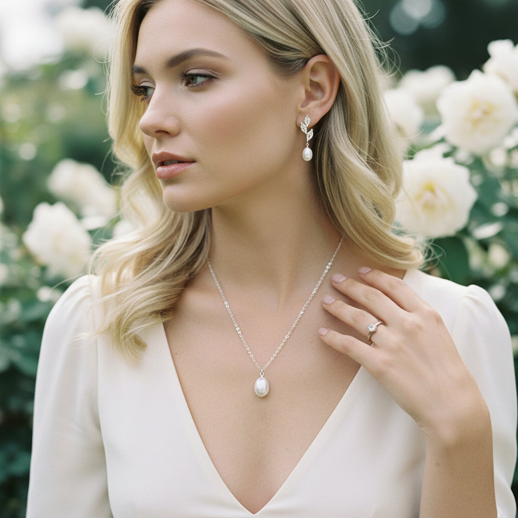 CUBIC ZIRCONIA COLLECTION -PRECIOUS PEARL NECKLACE SET - CZNK197 SILVER