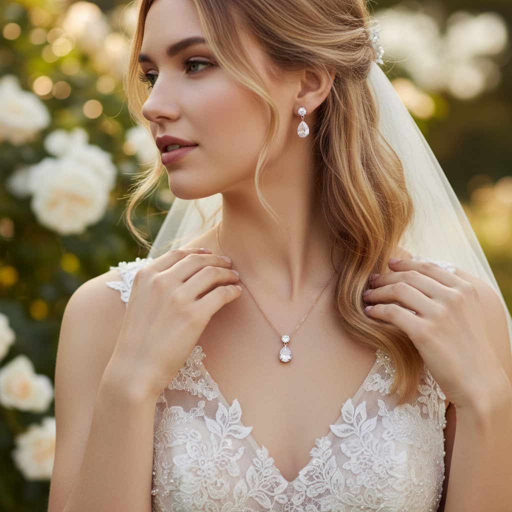 CUBIC ZIRCONIA COLLECTION - DAINTY CRYSTAL GEM SET - CZNK32 ROSE GOLD