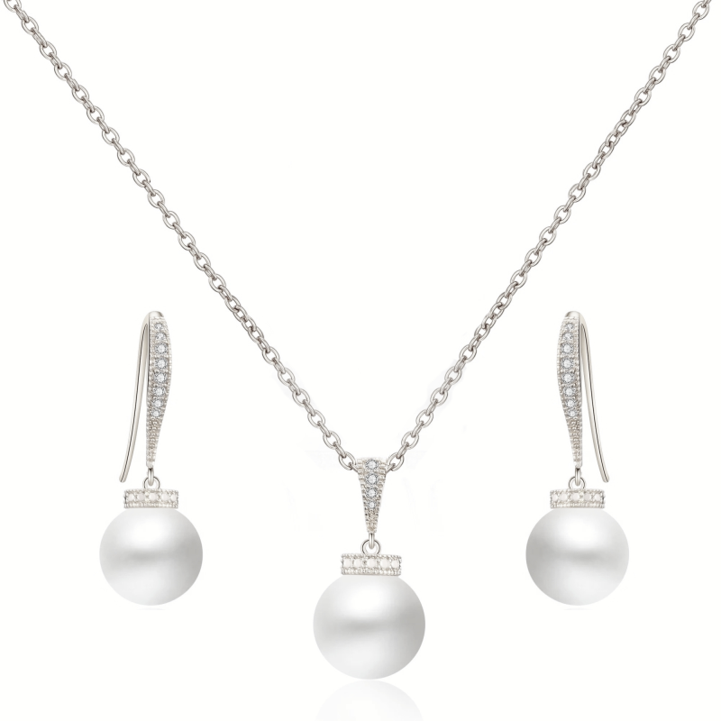 CUBIC ZIRCONIA COLLECTION - ELEGANCE PEARL NECKLACE SET CZNK209 SILVER