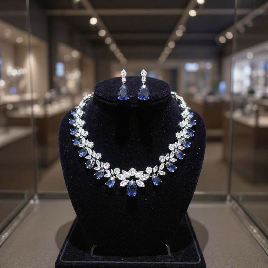 CUBIC ZIRCONIA COLLECTION - SHIMMERING STARLET NECKLACE SET - CZNK150 SAPPHIRE