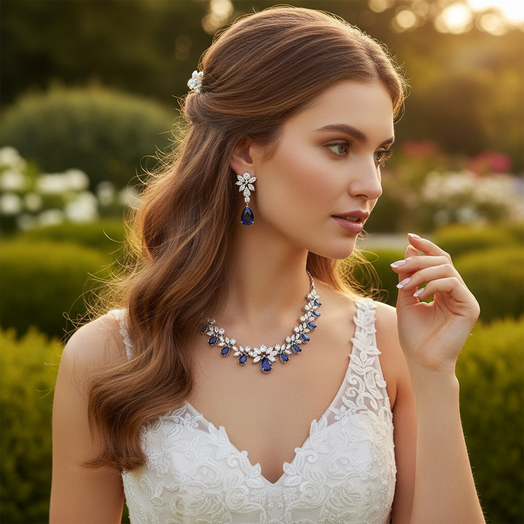 CUBIC ZIRCONIA COLLECTION - SHIMMERING STARLET NECKLACE SET - CZNK150 SAPPHIRE