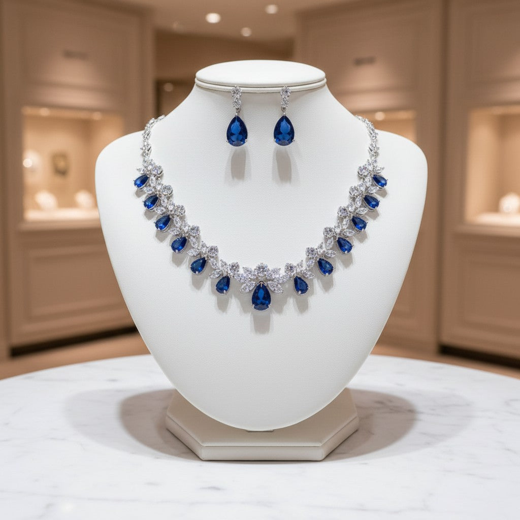 CUBIC ZIRCONIA COLLECTION - SHIMMERING STARLET NECKLACE SET - CZNK150 SAPPHIRE