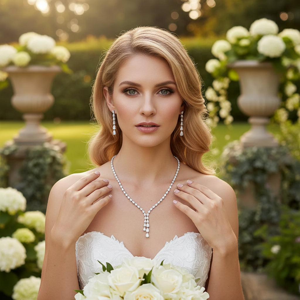 CUBIC ZIRCONIA COLLECTION - CHIC CASCADE NECKLACE SET  - CZNK215 SILVER