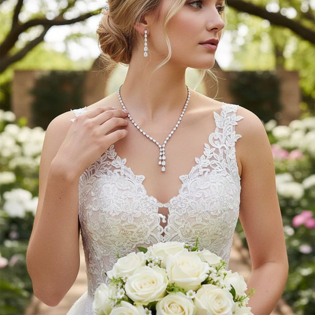 CUBIC ZIRCONIA COLLECTION - CHIC CASCADE NECKLACE SET  - CZNK215 SILVER