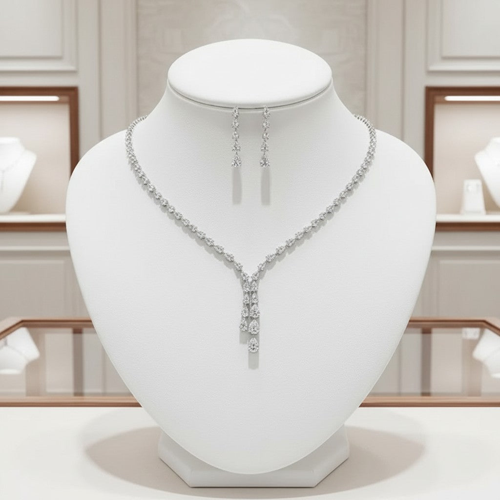 CUBIC ZIRCONIA COLLECTION - CHIC CASCADE NECKLACE SET  - CZNK215 SILVER