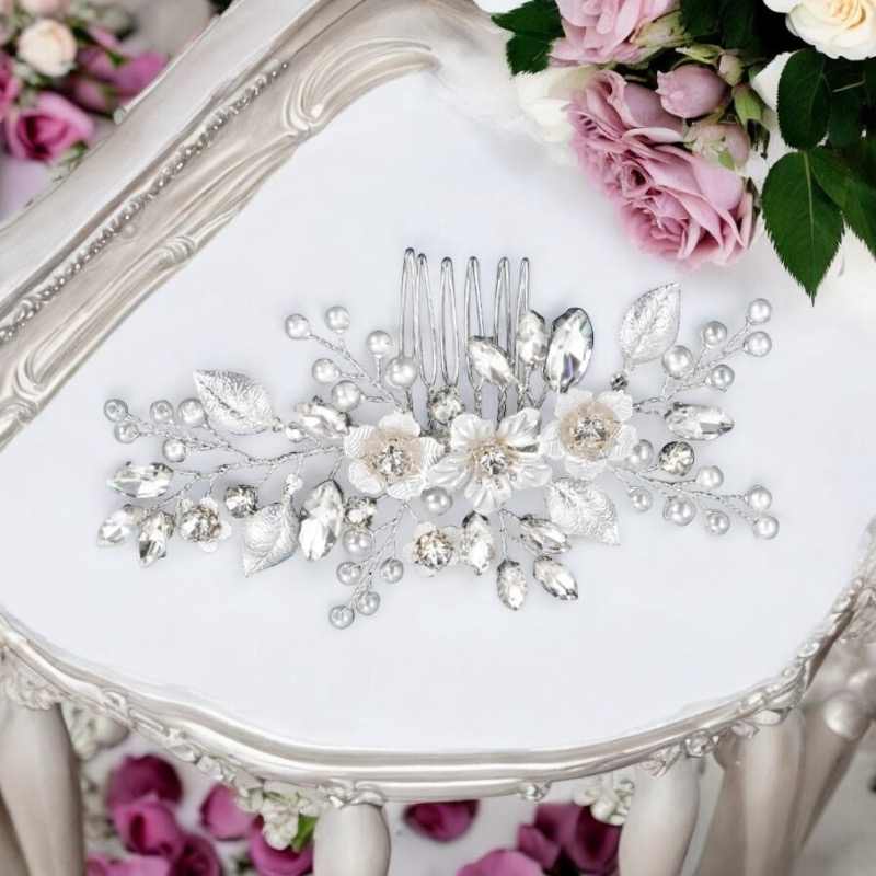 ATHENA COLLECTION - FLORAL BLOOM HAIR COMB - HC283 SILVER