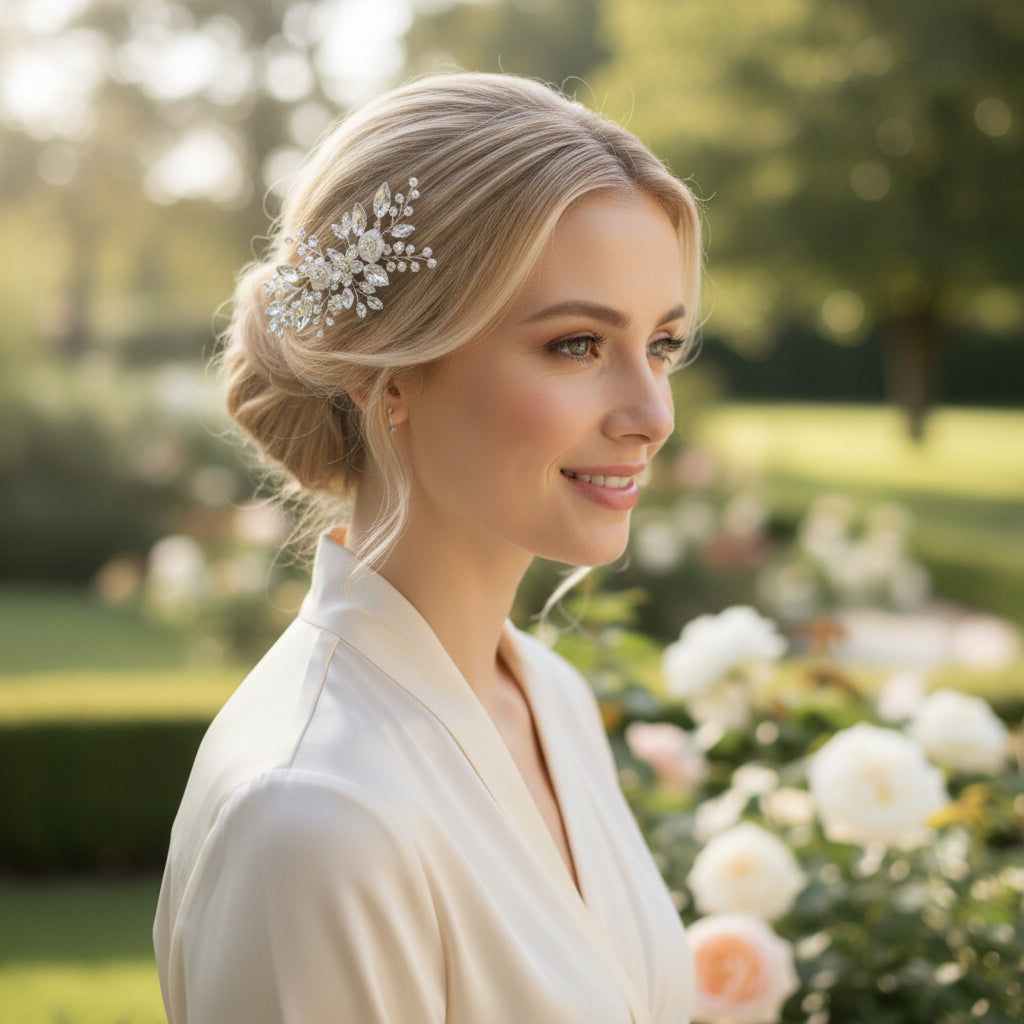 ATHENA COLLECTION - FLORAL BLOOM HAIR COMB - HC283 SILVER