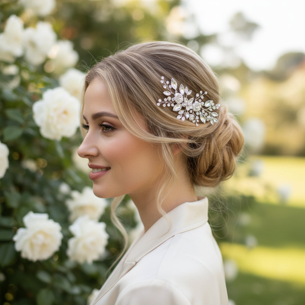 ATHENA COLLECTION - FLORAL BLOOM HAIR COMB - HC283 SILVER