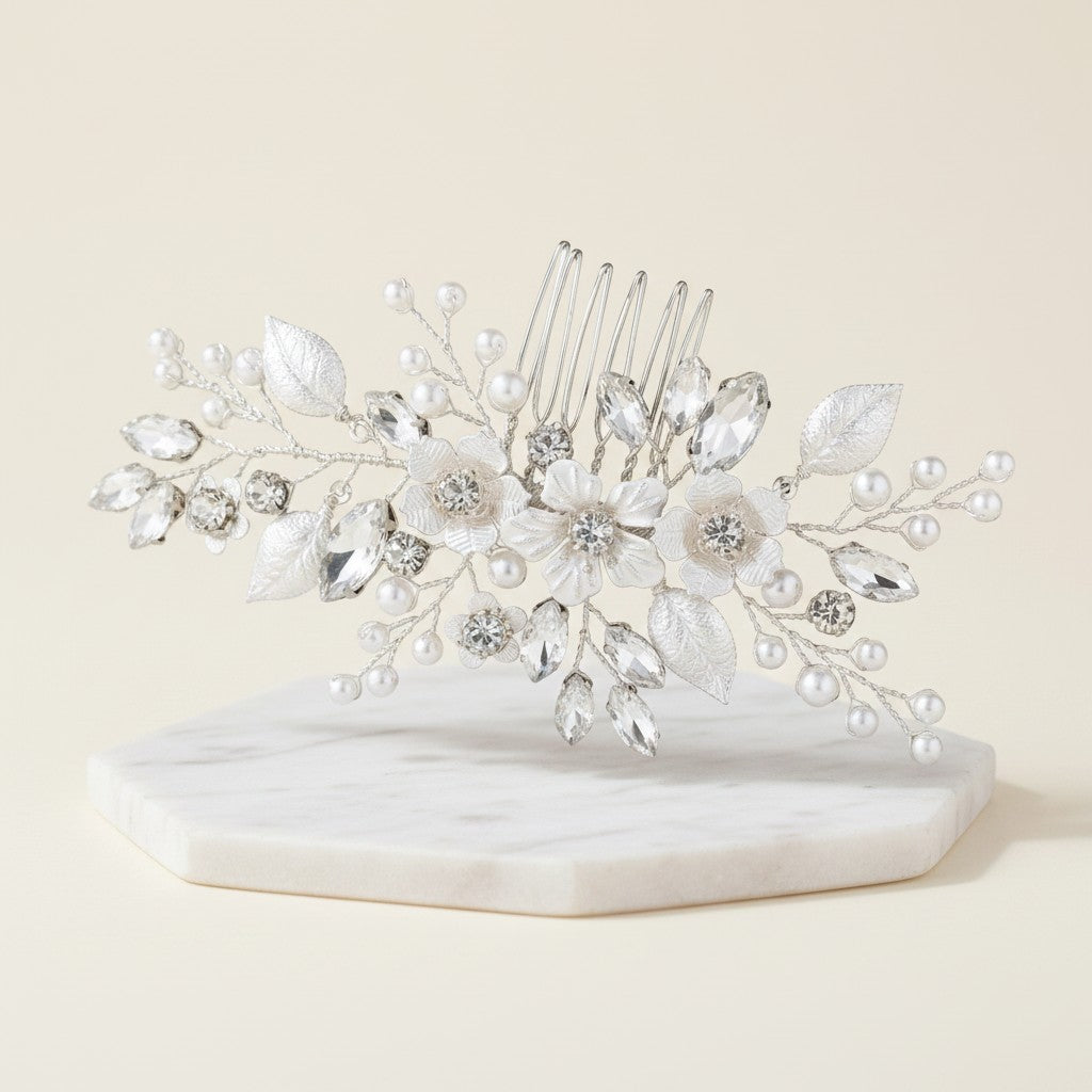 ATHENA COLLECTION - FLORAL BLOOM HAIR COMB - HC283 SILVER
