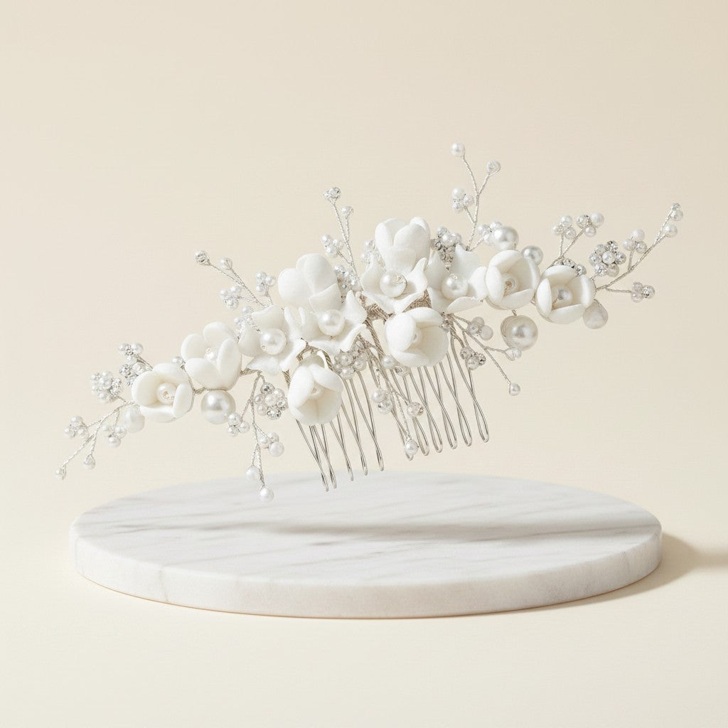 ATHENA COLLECTION - CHIC FLOWER HAIR COMB - HC284 SILVER