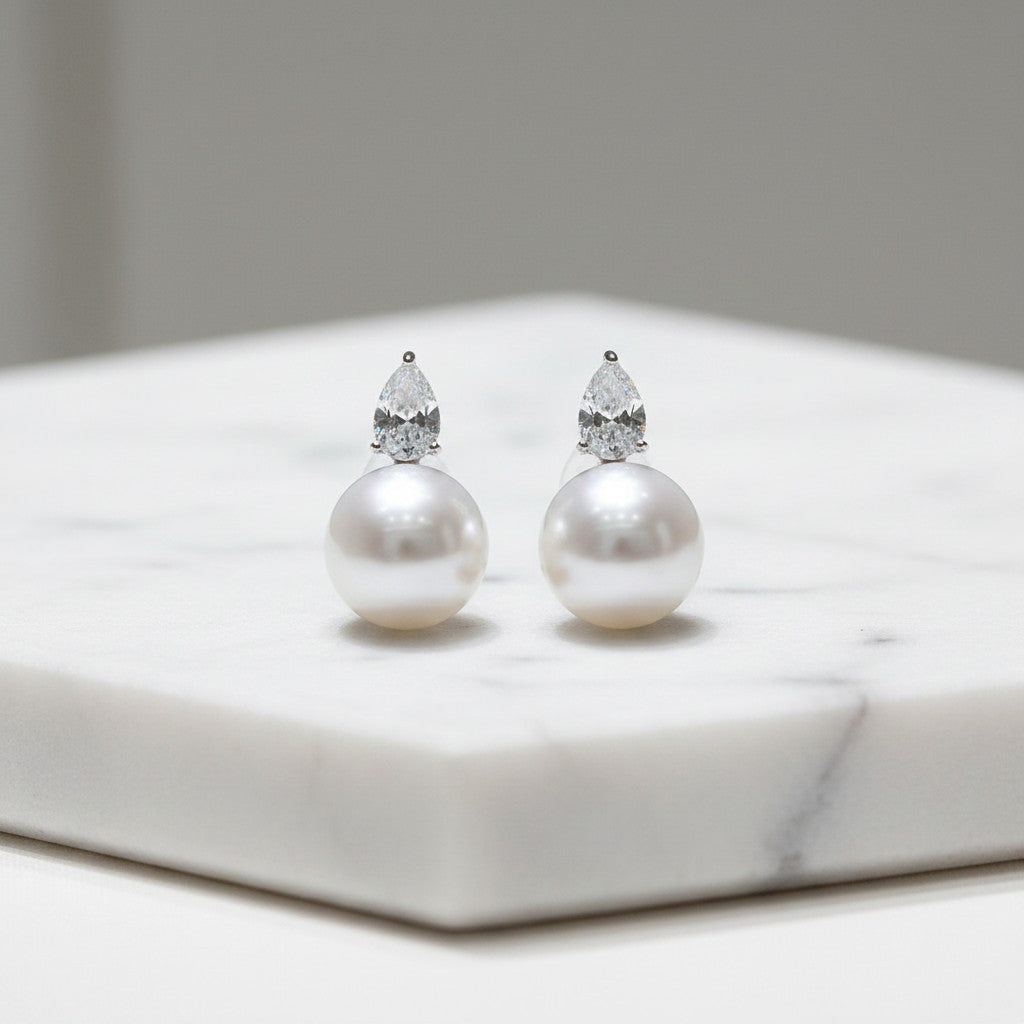 CUBIC ZIRCONIA COLLECTION - DAINTY PEARL EARRINGS - CZER763 - SILVER