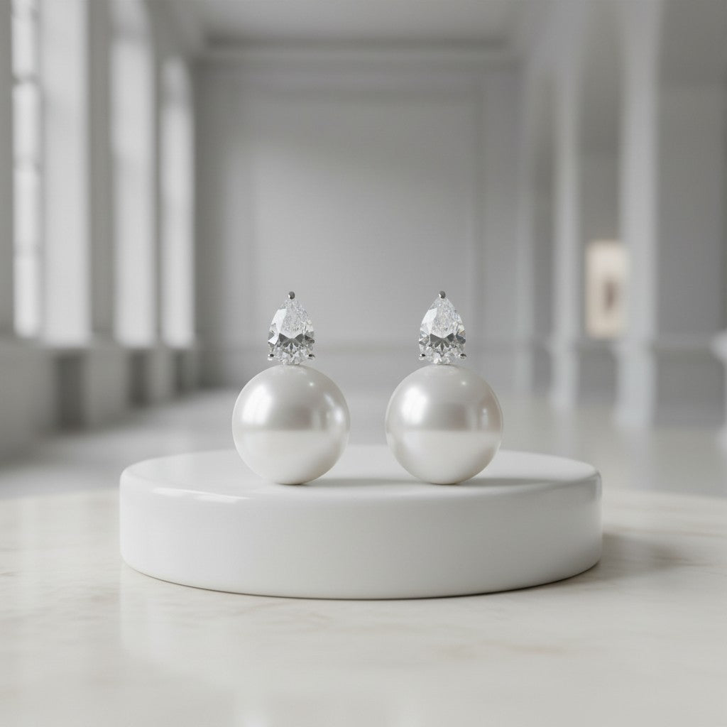 CUBIC ZIRCONIA COLLECTION - DAINTY PEARL EARRINGS - CZER763 - SILVER