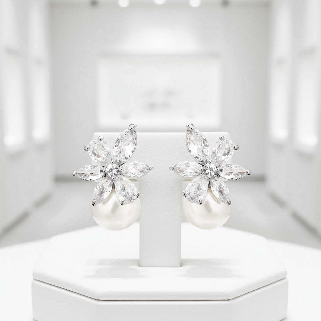 CUBIC ZIRCONIA COLLECTION - SPARKLE PEARL EARRINGS - CZER766 SILVER