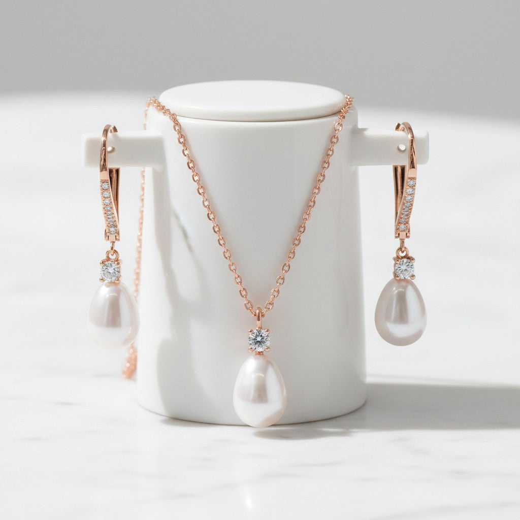 CUBIC ZIRCONIA COLLECTION - EXQUISITE FRESHWATER PEARL SET - CZNK219 ROSE GOLD